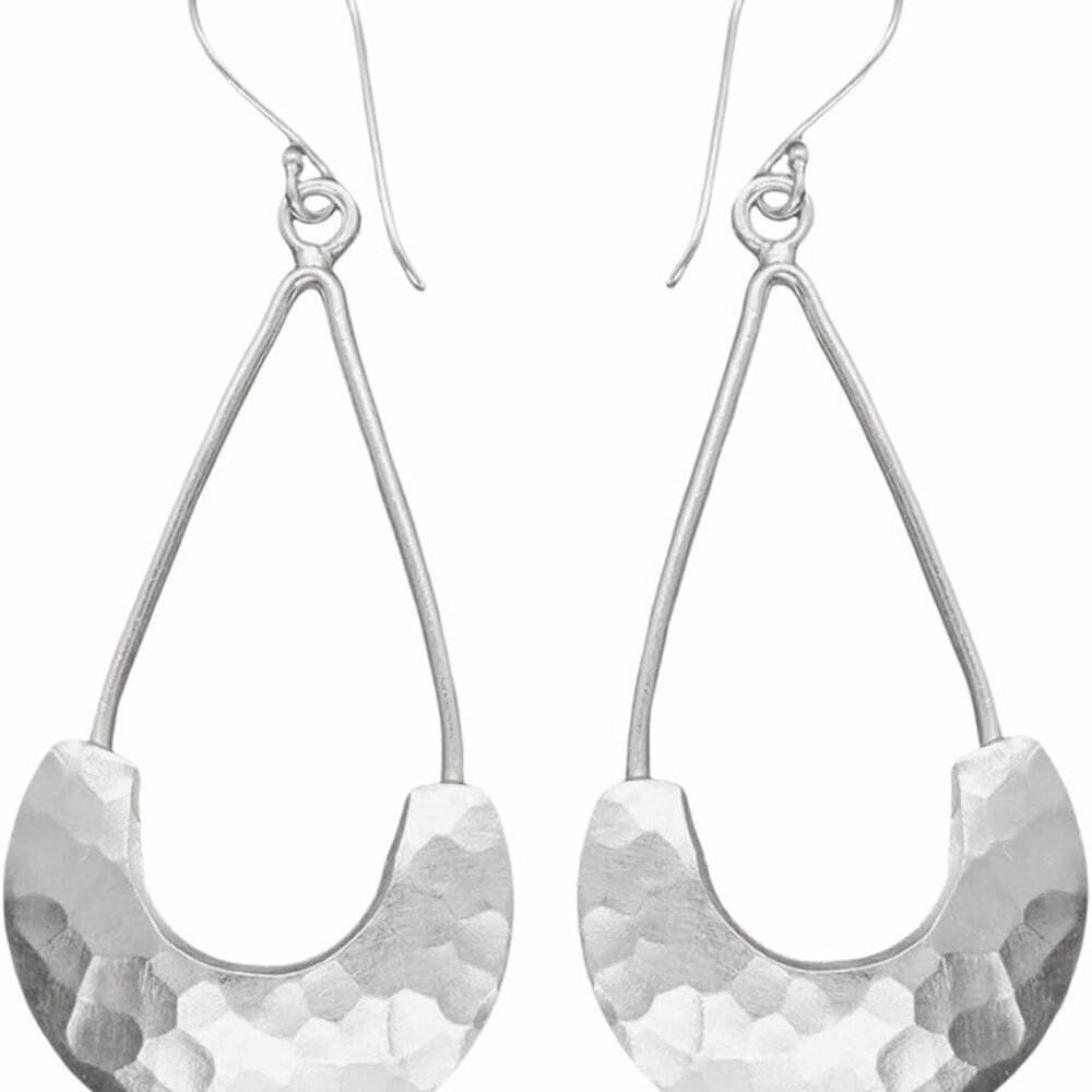 Sterling Silver Long Hammered Crescent Dangle Earrings Boho Statement Jewelry